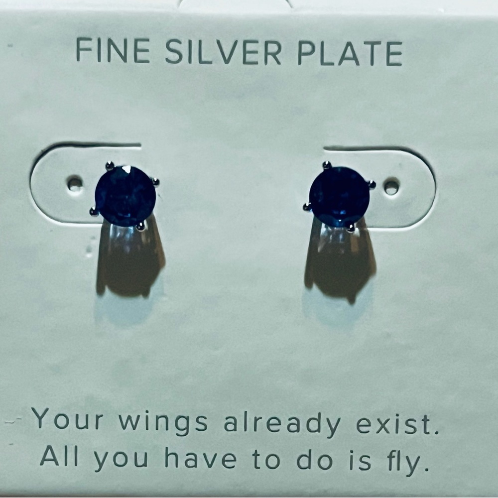 Fine Silver Plate Created Ceylon Sapphire Dainty Butterfly & Round Set Pnd 18" - Picture 3 of 4